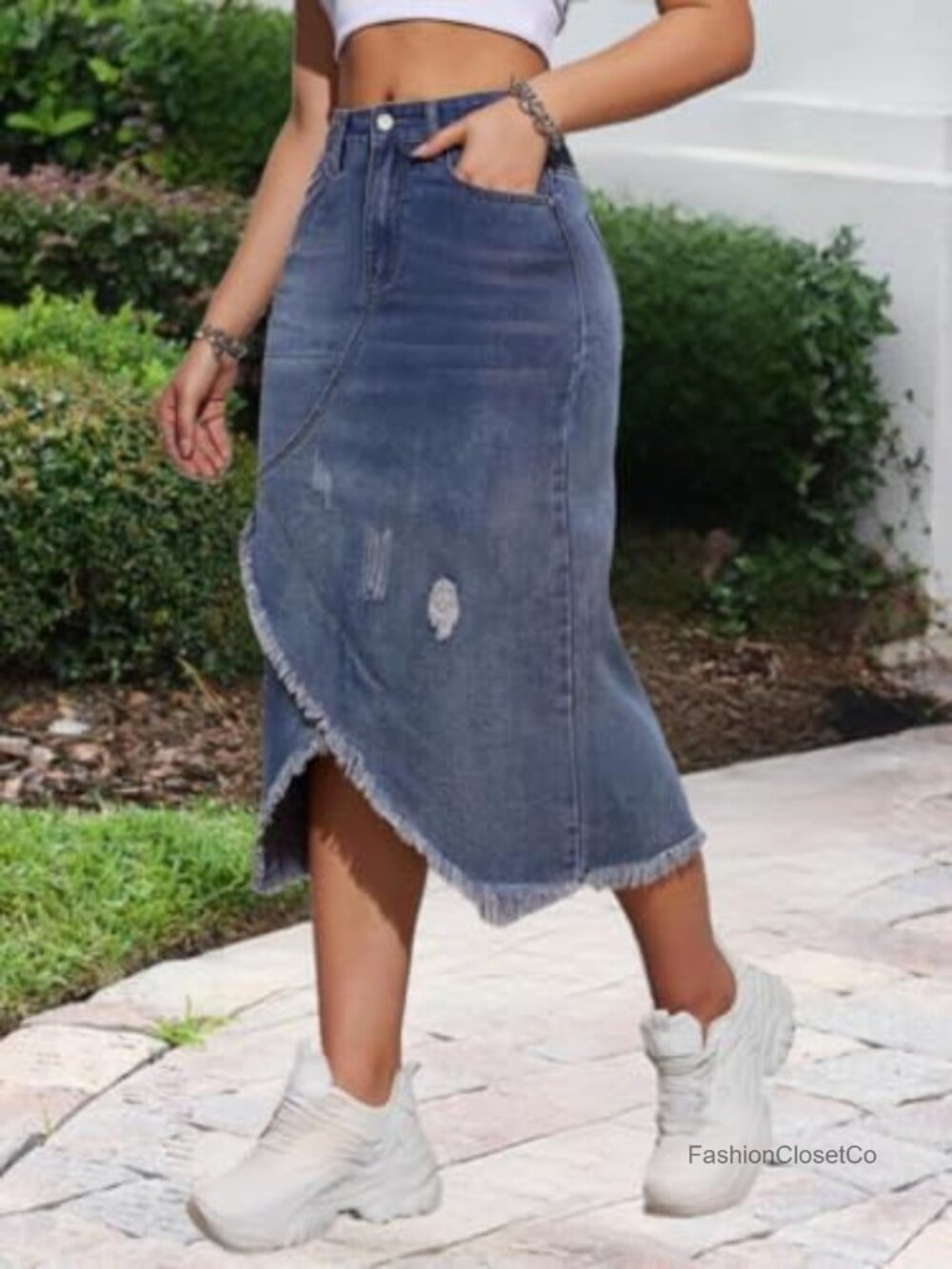 Women's Midi Jean Skirt Asymmetrical Raw Hem High Rise Stretch Denim Skirt - Picture 4 of 4